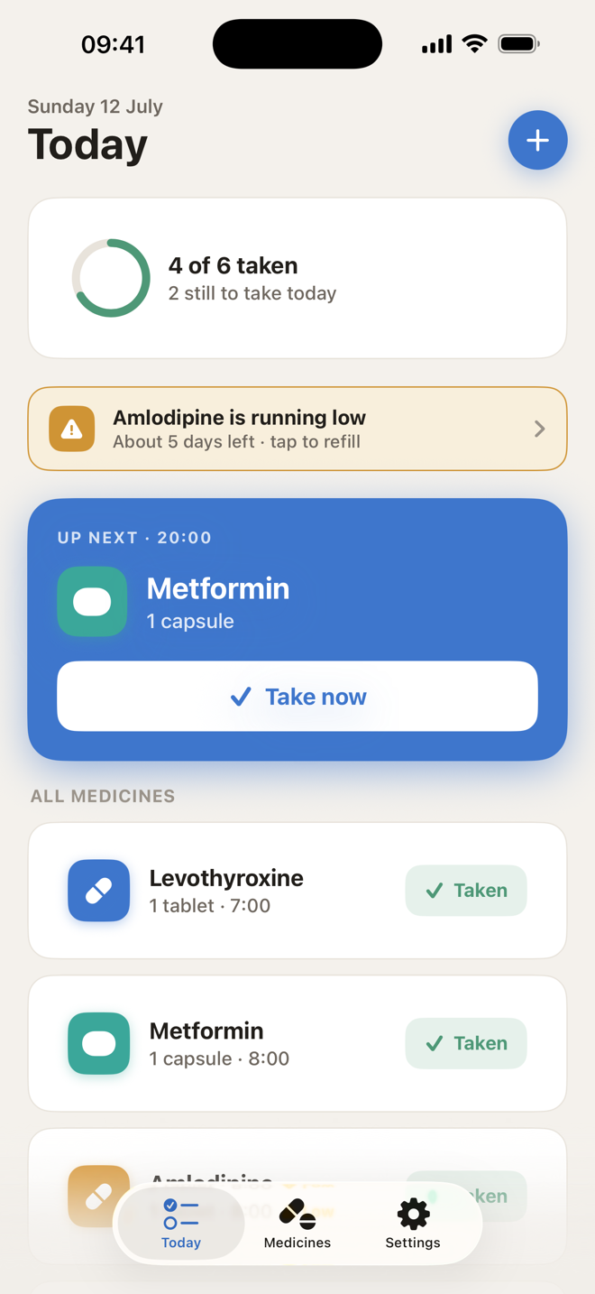Kounts Dose Today screen showing 4 of 6 doses taken, a low-supply refill warning, and the next dose to take