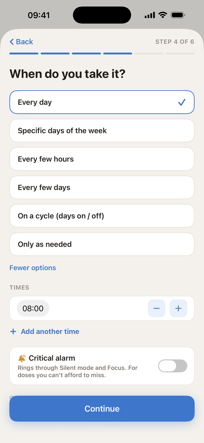 Kounts Dose schedule builder asking when you take a medicine, with options for every day, specific days, every few hours, cycles and as needed
