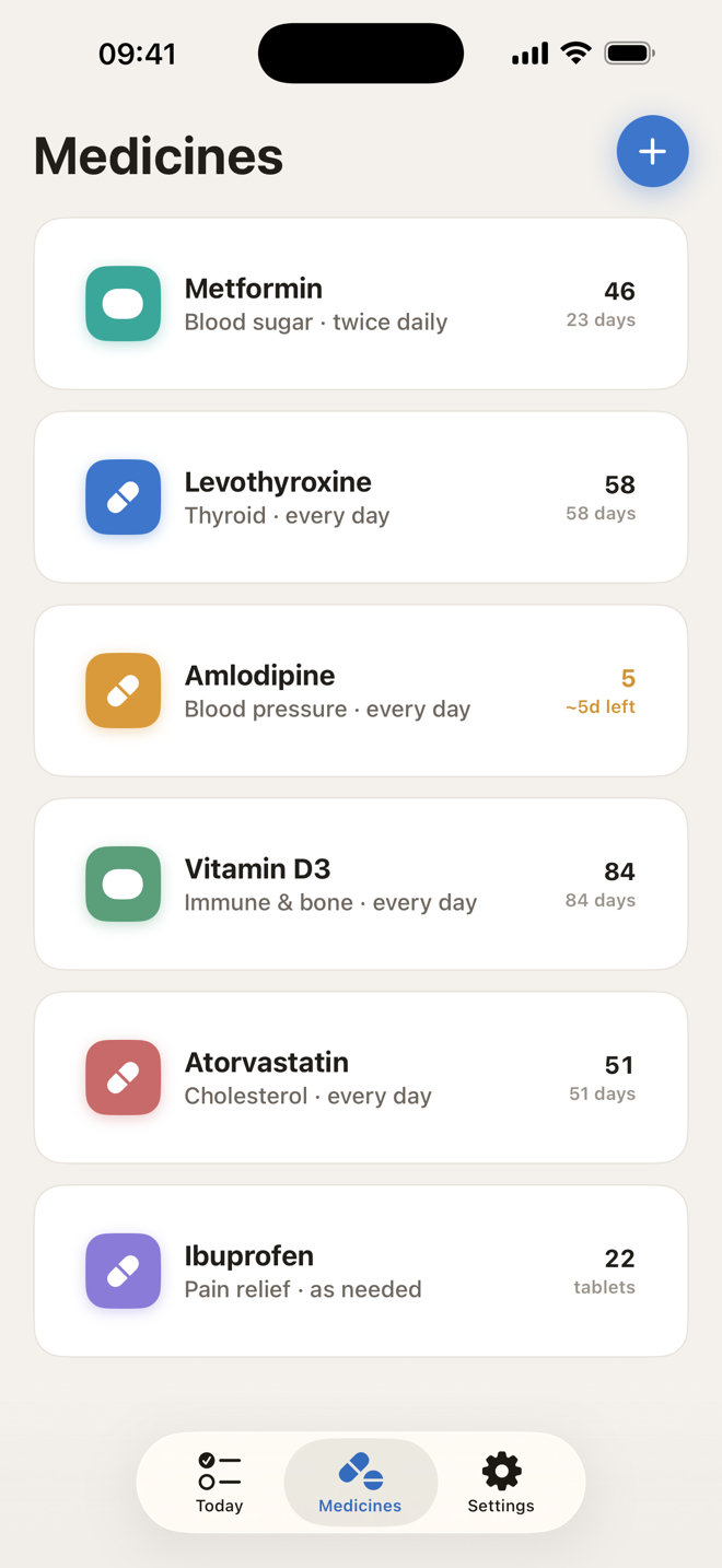 Kounts Dose medicines list with colour-coded pill icons, each showing remaining count and days of supply