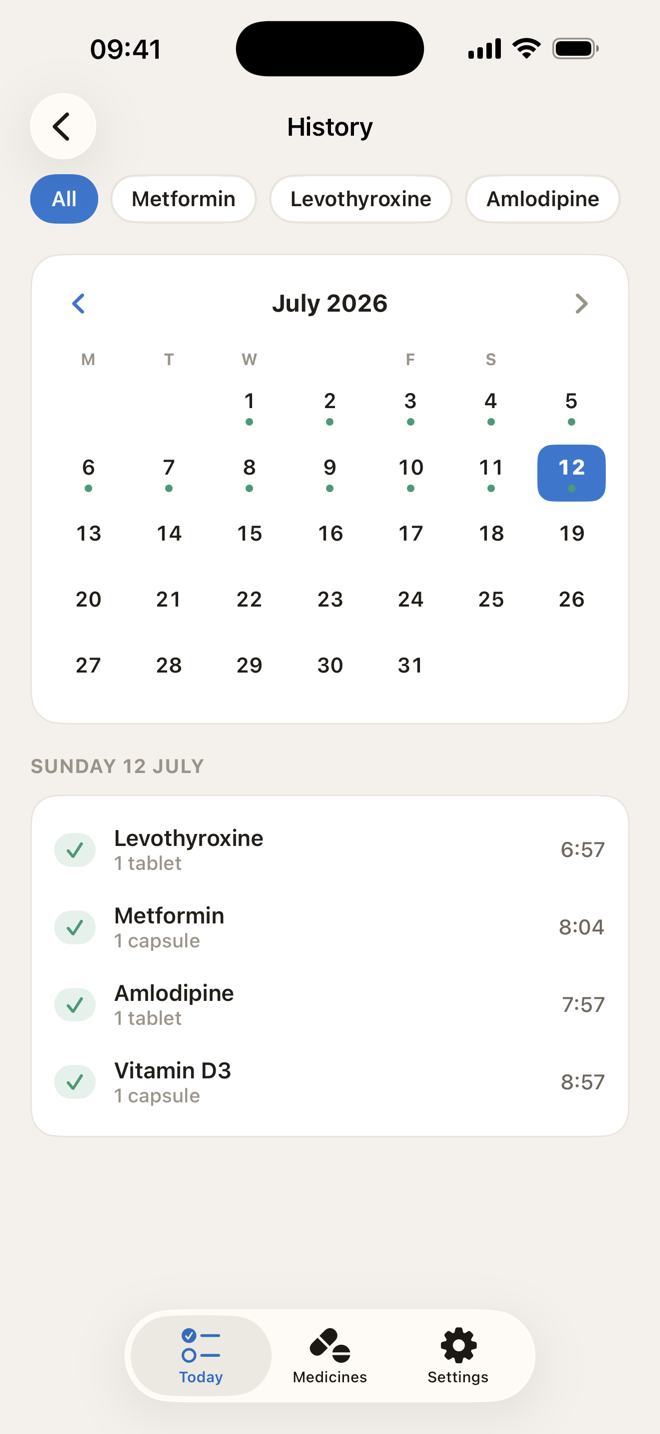 Kounts Dose history calendar for July with green dots on taken days and a list of doses logged that day
