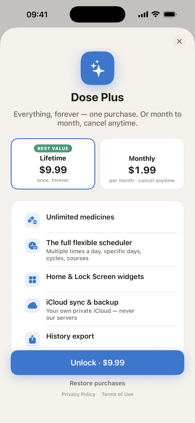 Dose Plus purchase screen offering a 9.99 dollar lifetime unlock and a 1.99 dollar monthly option, unlocking unlimited medicines, the full scheduler, widgets, iCloud sync and history export